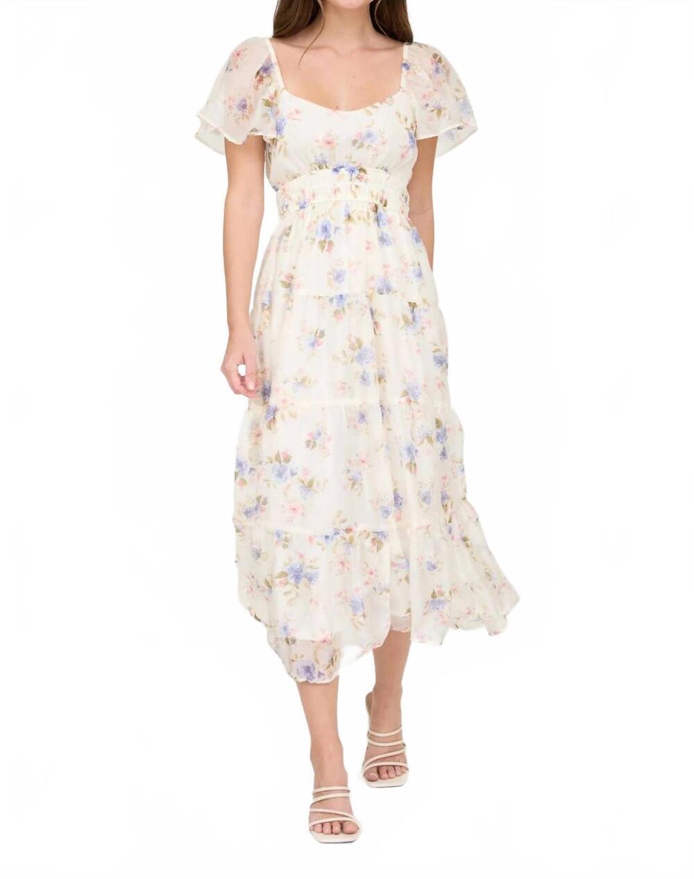 NEW BLU PEPPER floral chiffon midi dress in blue multi